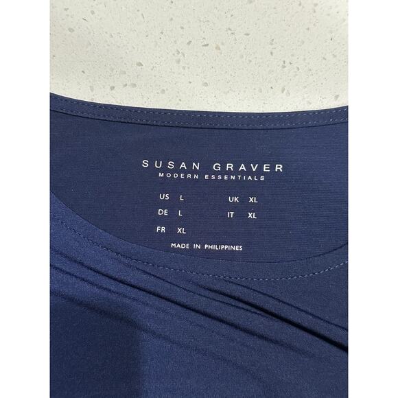 Susan Graver Top Liquid Knit Quarter Sleeve Navy L Stretch Casual Modern Minimal - Picture 4 of 8
